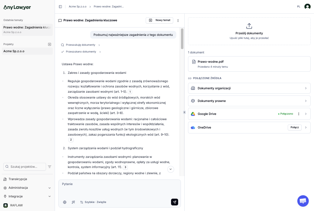 Odpowiedź AI z numerowanymi cytatami prowadzącymi do fragmentów dokumentów