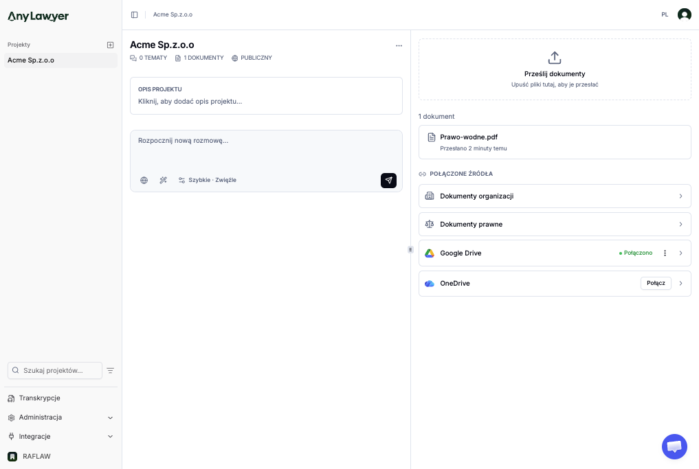Widok projektu z dokumentami, strefą przesyłania plików i połączonymi źródłami